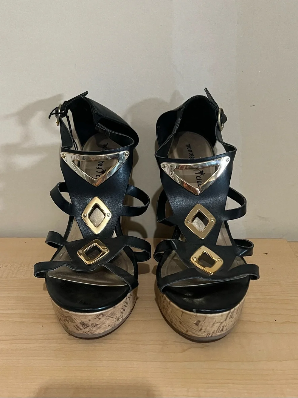 Montego Bay Club Black Wedge Sandals with Cork Platform and Gold Accents